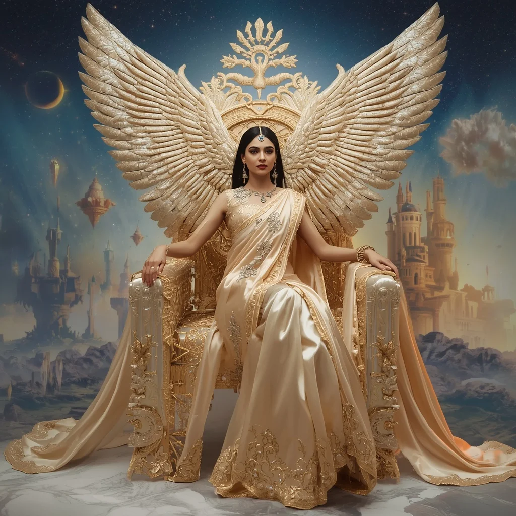 Giant Luxury Crystal Griffin Throne Saree with Celestial Sky Empire | Prompt Seen Trending Girl AI Photo