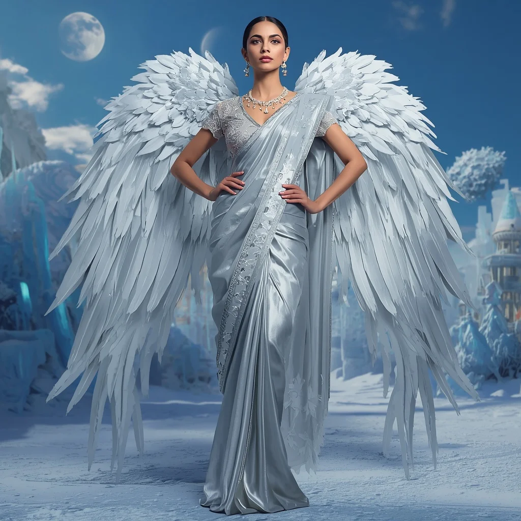 Giant Luxury Crystal Ice Falcon Saree with Arctic Sky Empire | Instagram Viral Photo Prompt