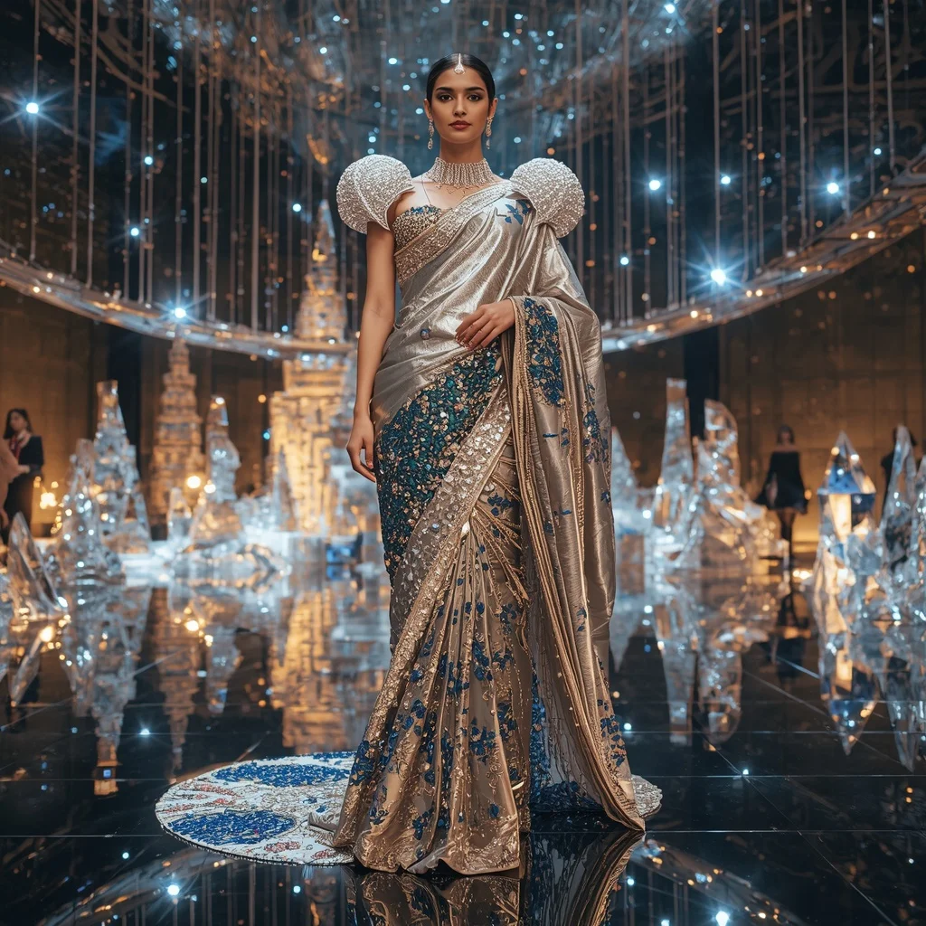 Giant Luxury Crystal Infinity Bridge Saree with Floating Sky Metropolis | Realistic Ai Prompt