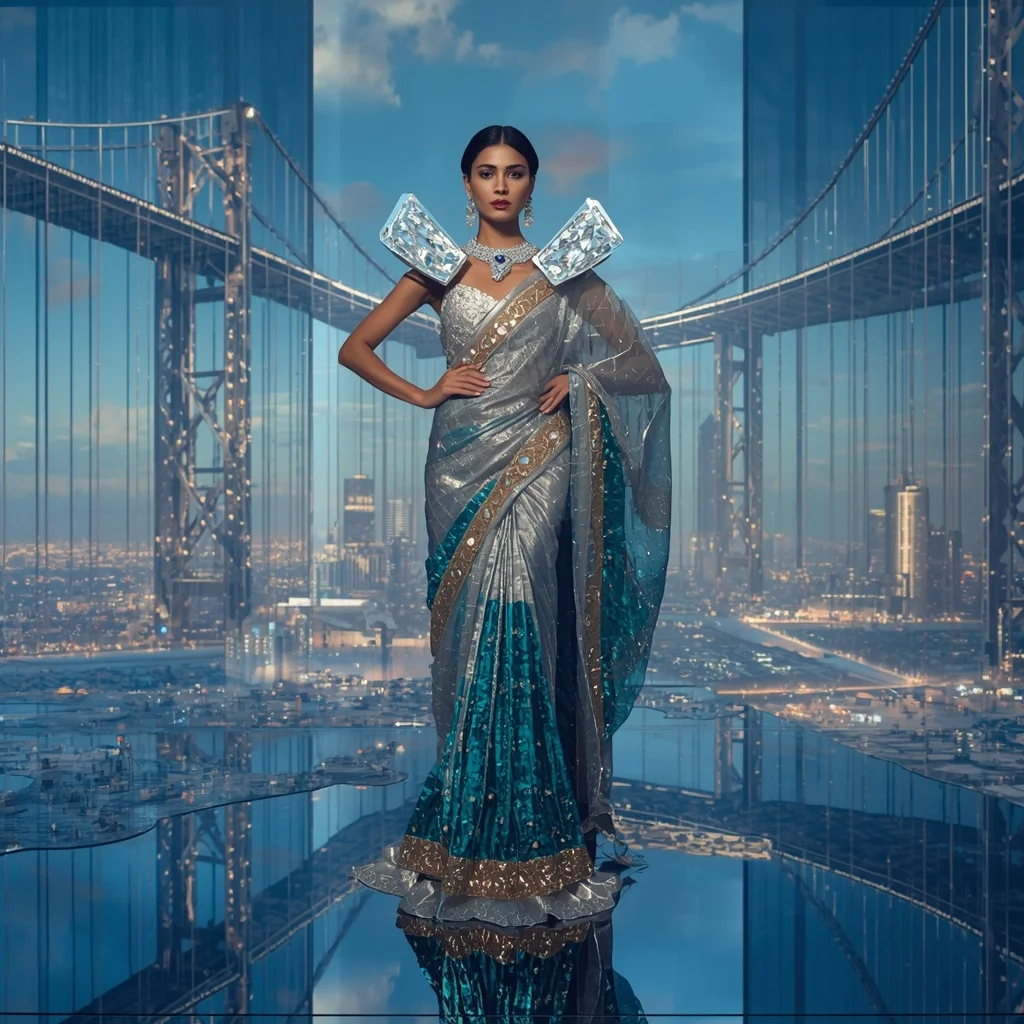 Giant Luxury Crystal Infinity Bridge Saree with Floating Sky Metropolis | ChatGPT Ai Prompt