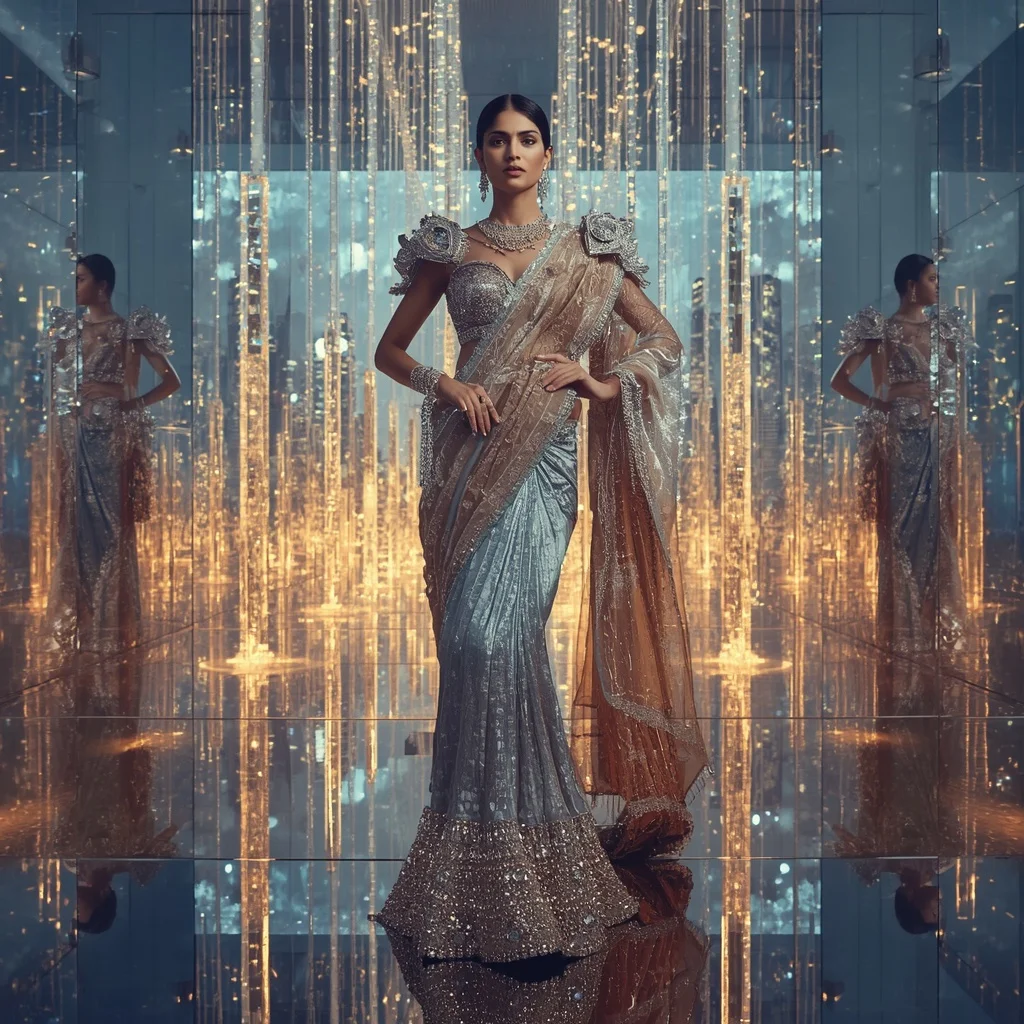 Giant Luxury Crystal Infinity Bridge Saree with Floating Sky Metropolis | Image Prompt