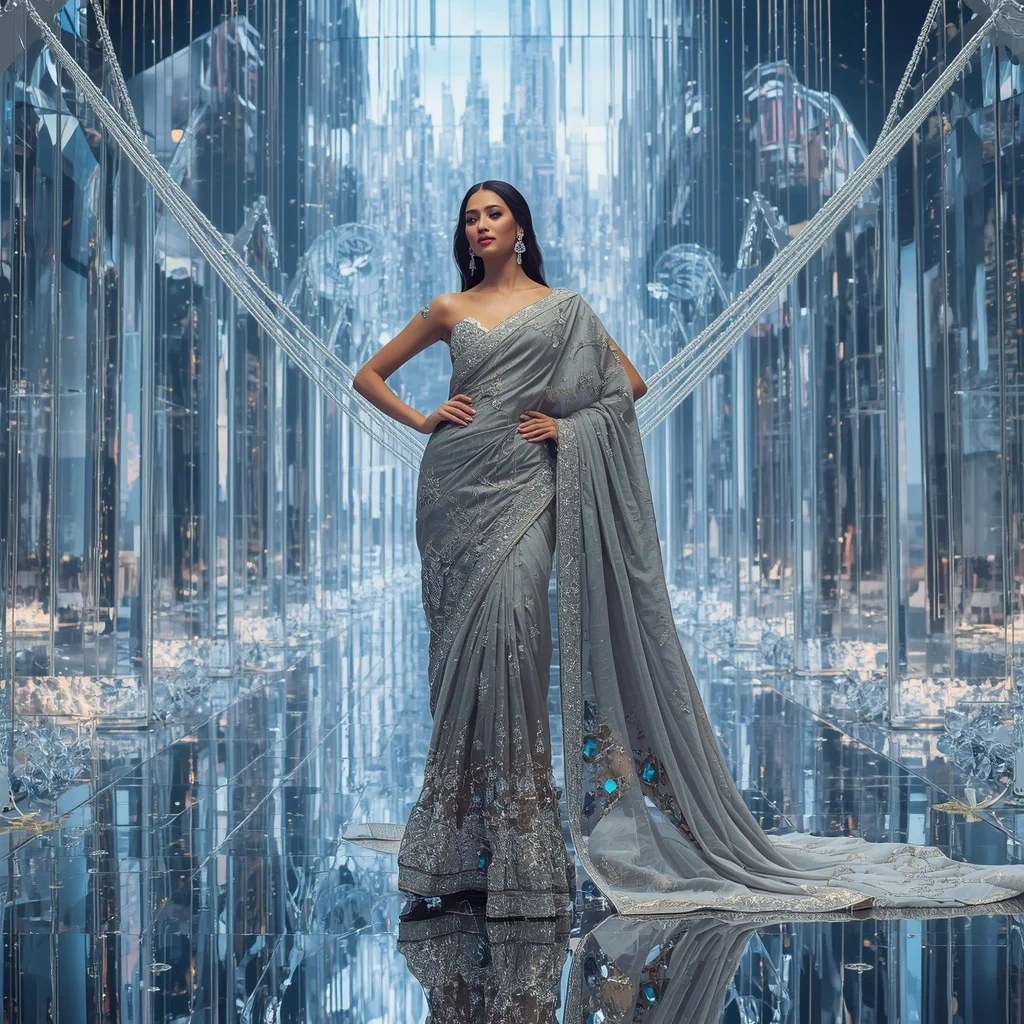 Giant Luxury Crystal Infinity Bridge Saree with Floating Sky Metropolis | Fashion Ai Prompt