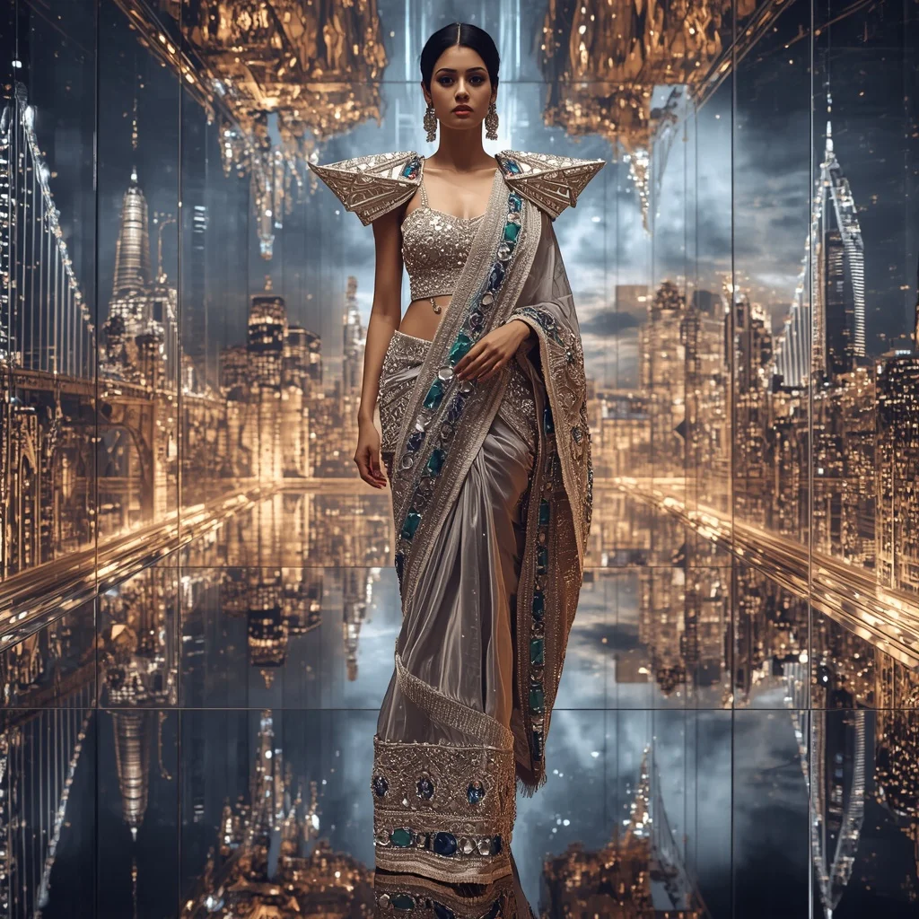 Giant Luxury Crystal Infinity Bridge Saree with Floating Sky Metropolis | Wedding Ai Prompt