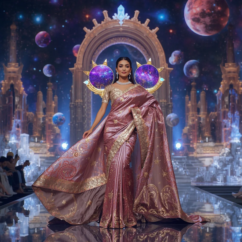 Giant Luxury Crystal Infinity Galaxy Gate Saree with Cosmic Crown Metropolis | Character Design Ai Prompt