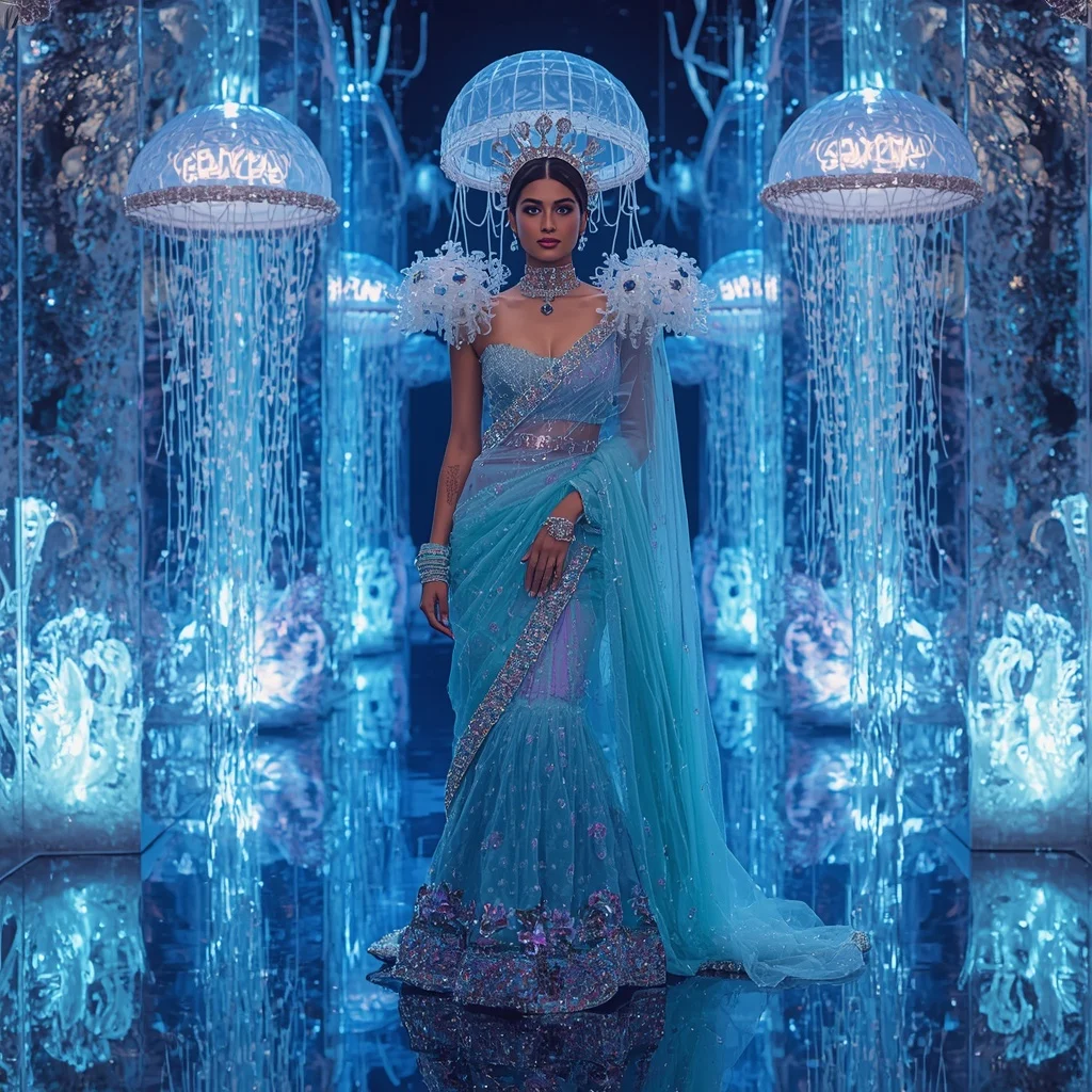 Giant Luxury Crystal Jellyfish Crown Saree with Bioluminescent Ocean Palace | Luxury Ai Prompt