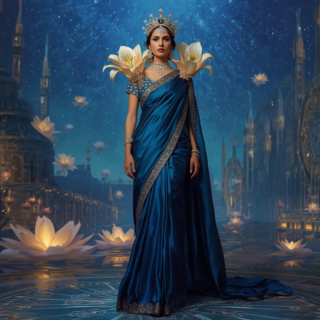 Giant Luxury Crystal Lily Observatory Saree with Sapphire Star Empire | Happy Ai Prompt