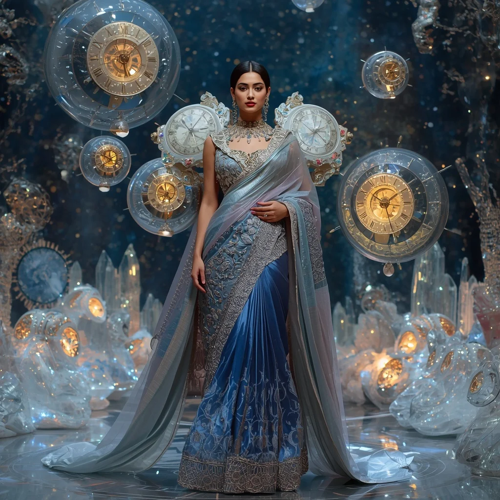 Giant Luxury Crystal Moon Clock Saree with Floating Time Galaxy Kingdom | New Design Ai Prompt