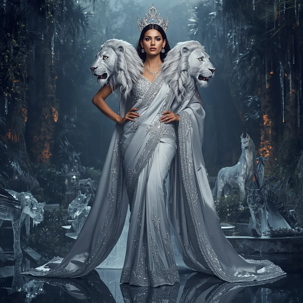 Giant Luxury Crystal Moon Lioness Saree with Silver Royal Jungle Kingdom | Character Design Ai Prompt