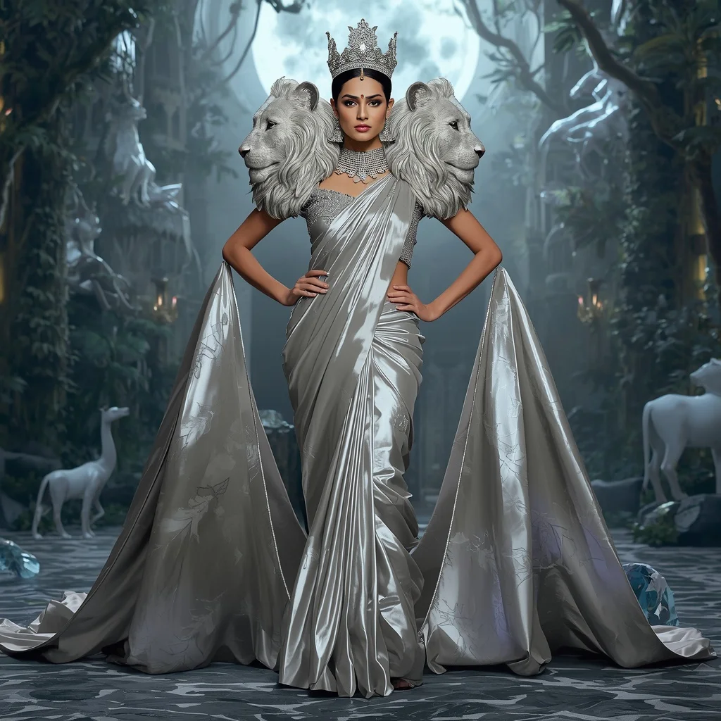 Giant Luxury Crystal Moon Lioness Saree with Silver Royal Jungle Kingdom | Wedding Ai Prompt