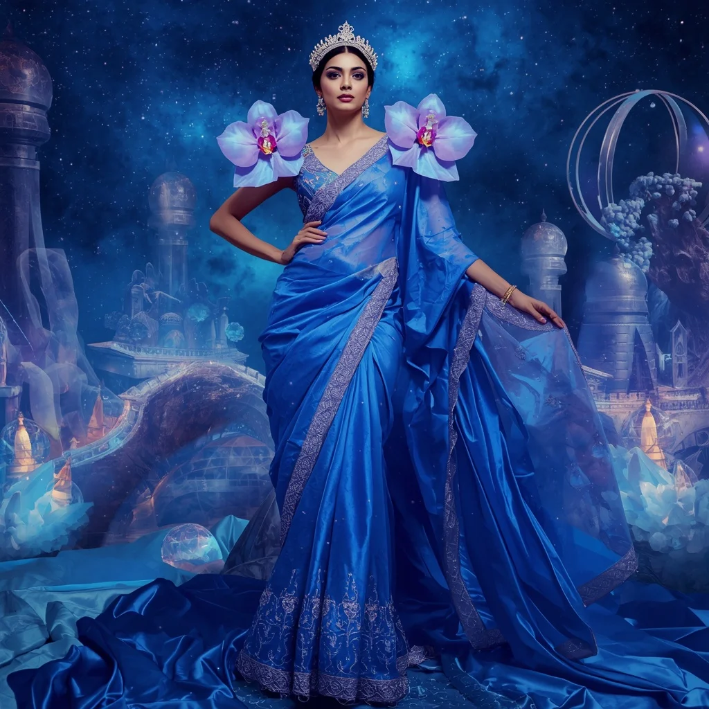 Giant Luxury Crystal Orchid Observatory Saree with Sapphire Nebula Kingdom | Pre Wedding Ai Prompt