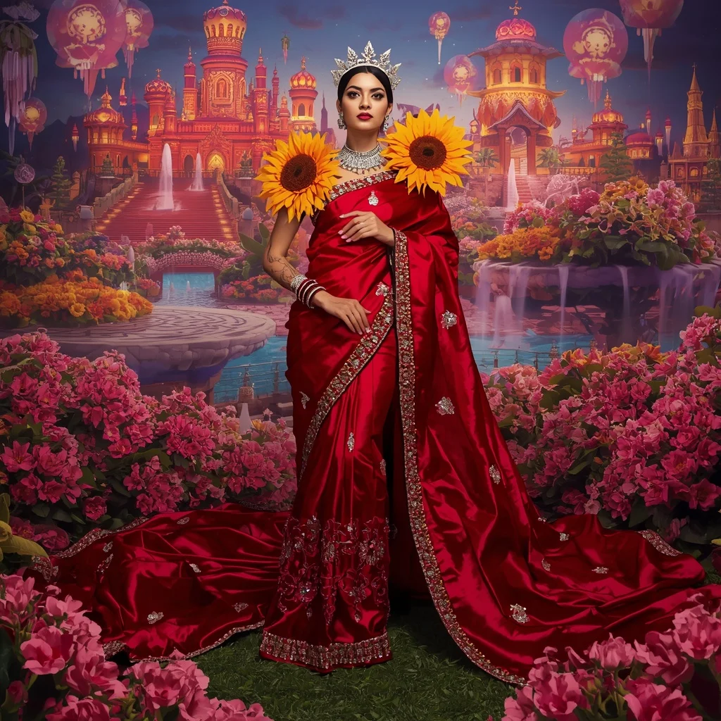 Giant Luxury Crystal Ruby Sunflower Palace Saree with Bloom Festival Capital | Ai Gemini Prompt