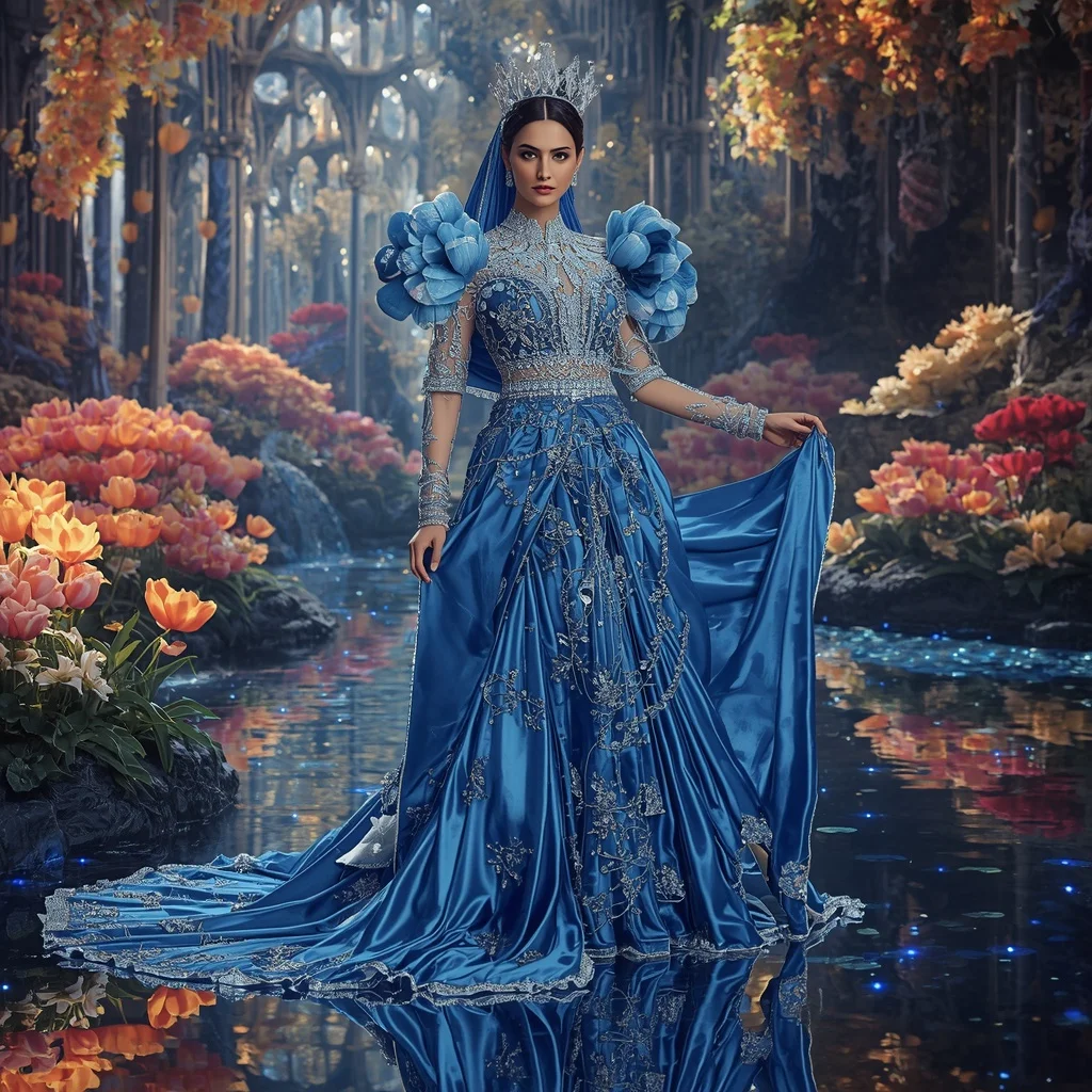 Giant Luxury Crystal Sapphire Tulip Cathedral Saree with Reflection Bloom Dynasty | Prompt Seen Girl Photo Editing Chatgpt Download