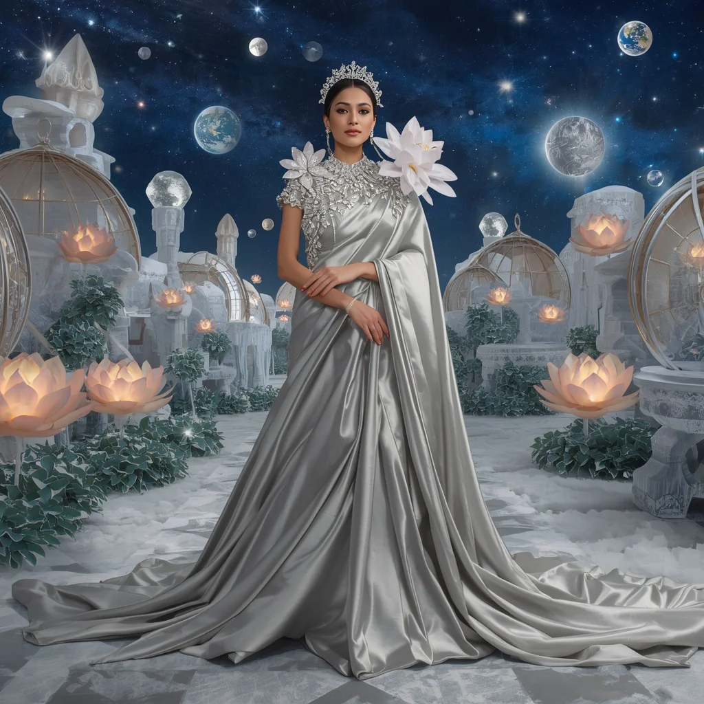 Giant Luxury Crystal Silver Lotus Planetarium Saree with Frozen Star Kingdom | Travel Ai Prompt