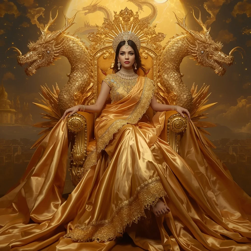 Giant Luxury Crystal Solar Dragon Throne Saree with Golden Celestial Dominion | Realistic Ai Prompt