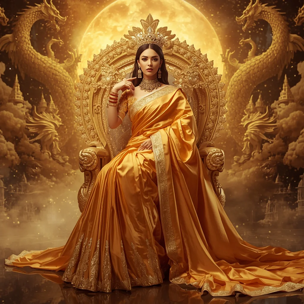 Giant Luxury Crystal Solar Dragon Throne Saree with Golden Celestial Dominion | Viral Instagram Ai Prompt