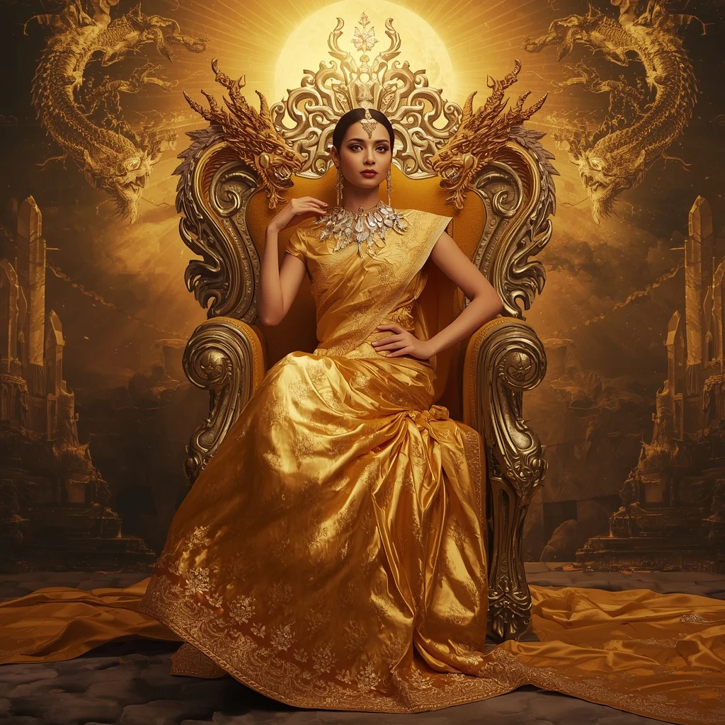 Giant Luxury Crystal Solar Dragon Throne Saree with Golden Celestial Dominion | Prompt Seen Girl Photo Editing Chatgpt Aesthetic