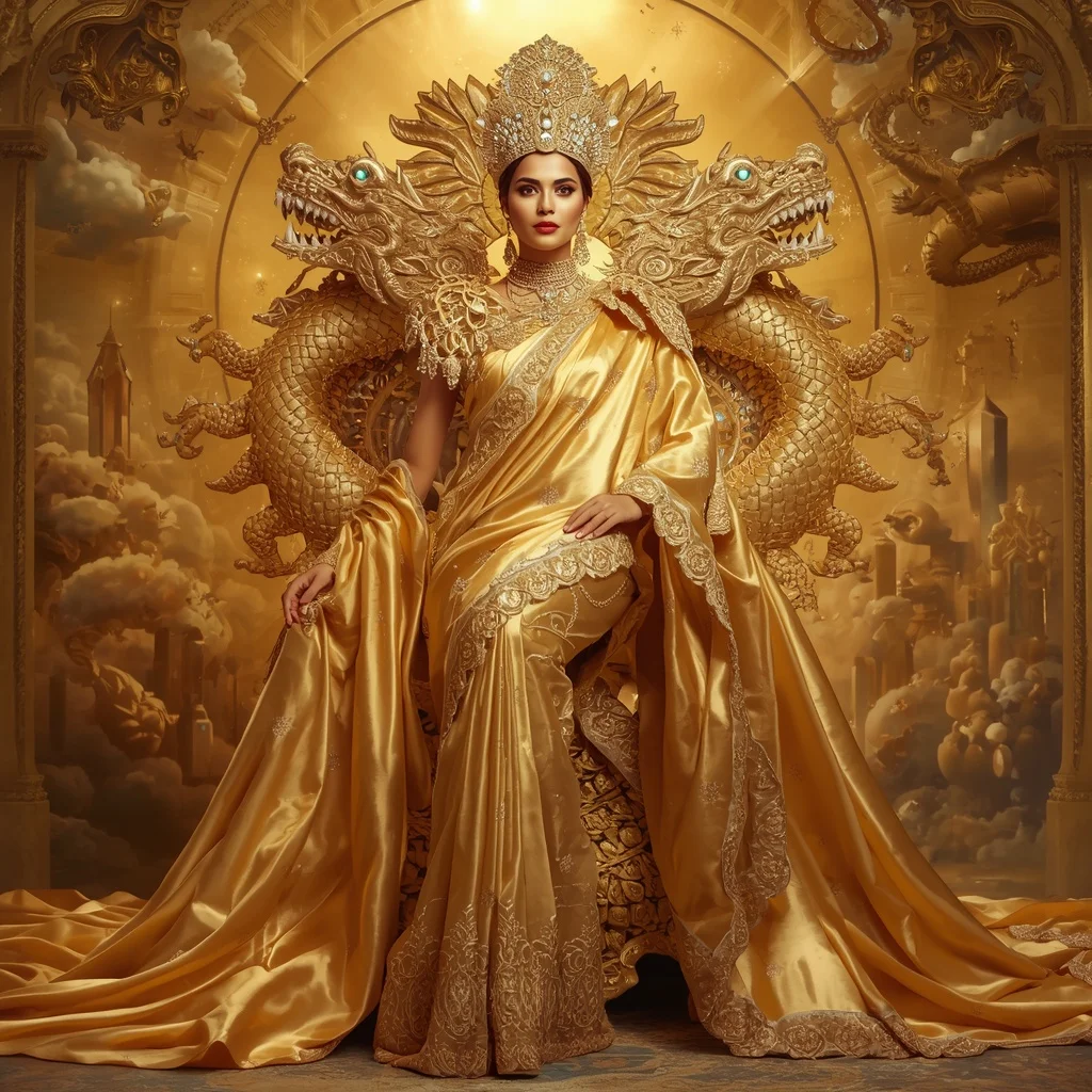 Giant Luxury Crystal Solar Dragon Throne Saree with Golden Celestial Dominion | New Instagram Trend Prompt For Girl And Boy Aesthetic