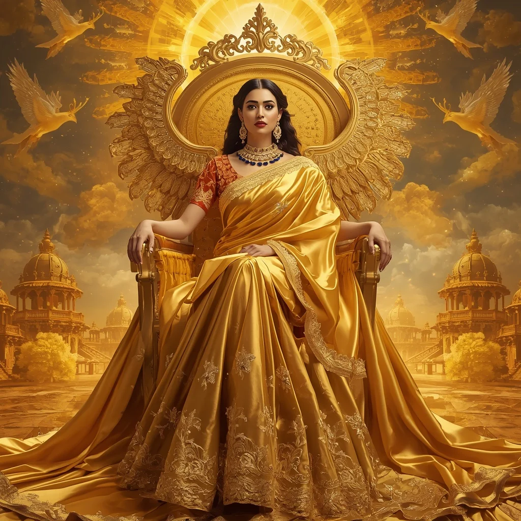 Giant Luxury Crystal Solar Griffin Throne Saree with Golden Celestial Empire | Prompt For Traditional Look For Couple