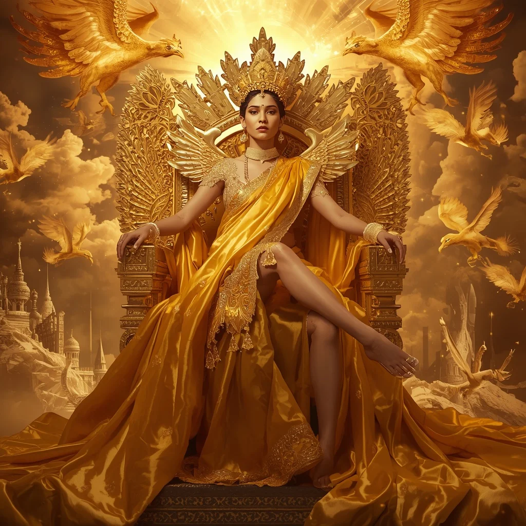 Giant Luxury Crystal Solar Phoenix Throne Saree with Golden Celestial Kingdom | Photo Prompt