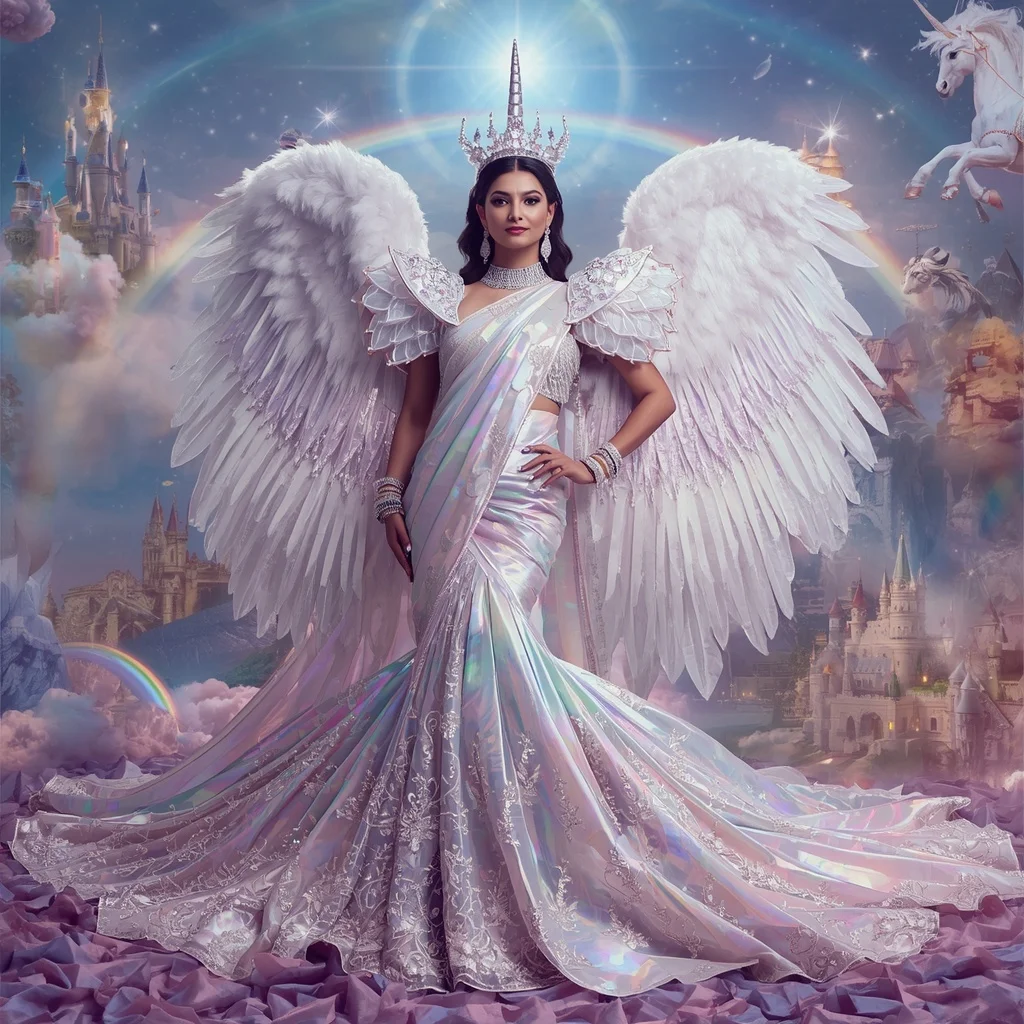 Giant Luxury Crystal Unicorn Crown Fortress Saree with Celestial Rainbow Dominion | Best Ai Prompt 2026