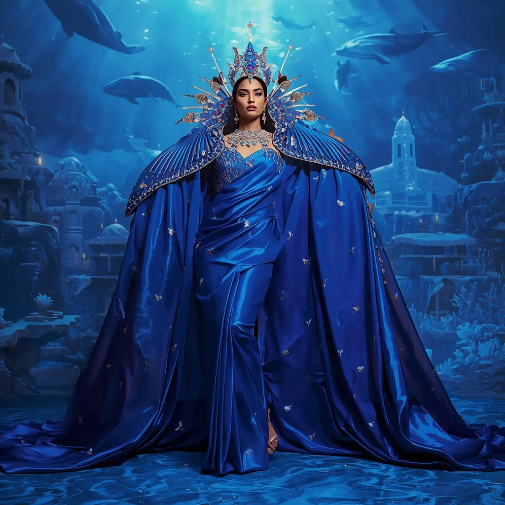 Giant Luxury Crystal Whale Crown Saree with Sapphire Ocean Throne Kingdom | Prompt For Gemini Ai Girl In Saree Copy And Paste