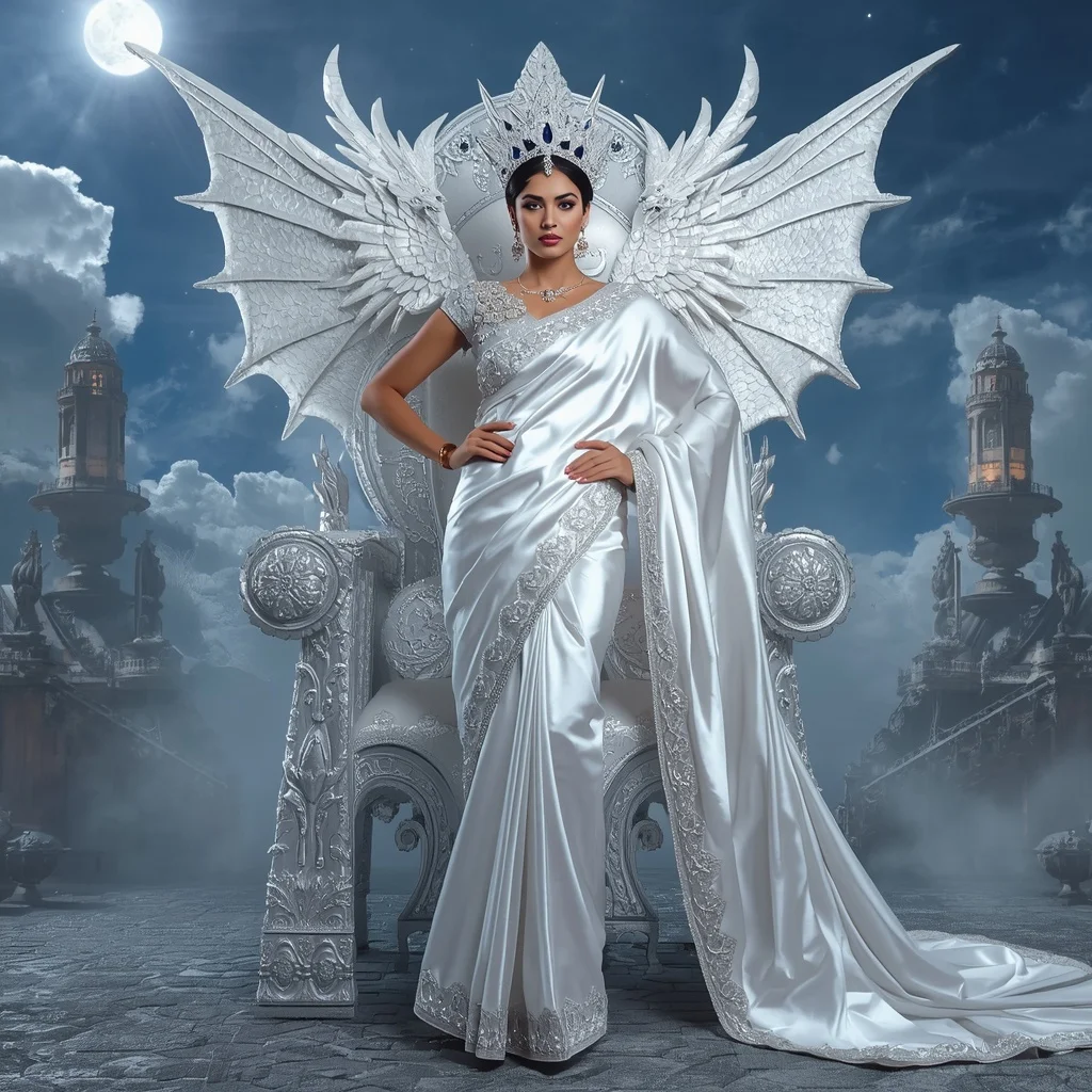 Giant Luxury Crystal White Dragon Throne Saree with Silver Sky Empire | Prompt Seen Trending Girl AI Photo