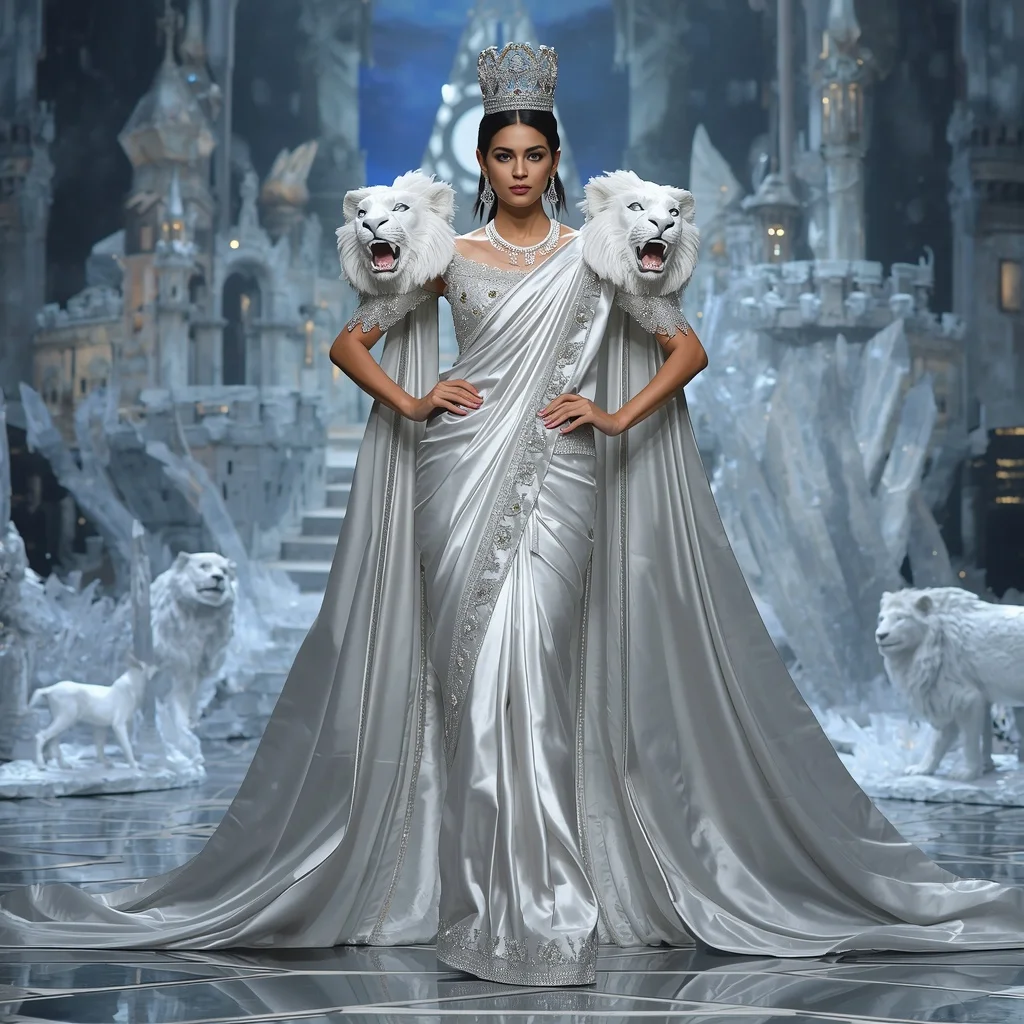 Giant Luxury Crystal White Lion Saree with Silver Royal Empire | Prompt Chatgpt