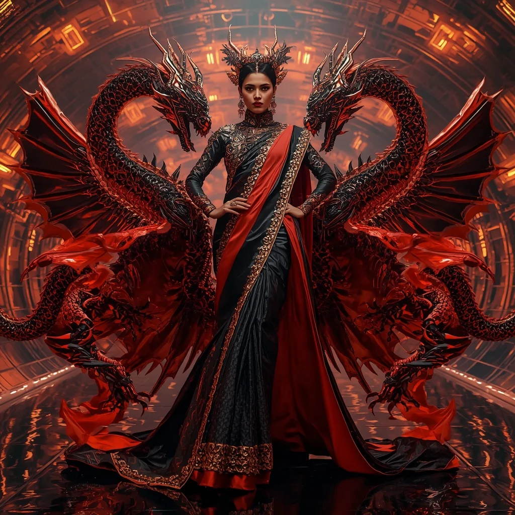Giant Mechanical Dragon Queen Saree with Cyber Inferno Dome | Neon Light Girl Portrait