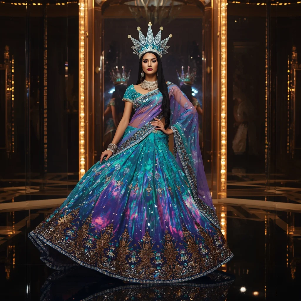 Giant Mirror Aurora Crown Saree with Festival Cosmic Palace | Wedding Ai Prompt