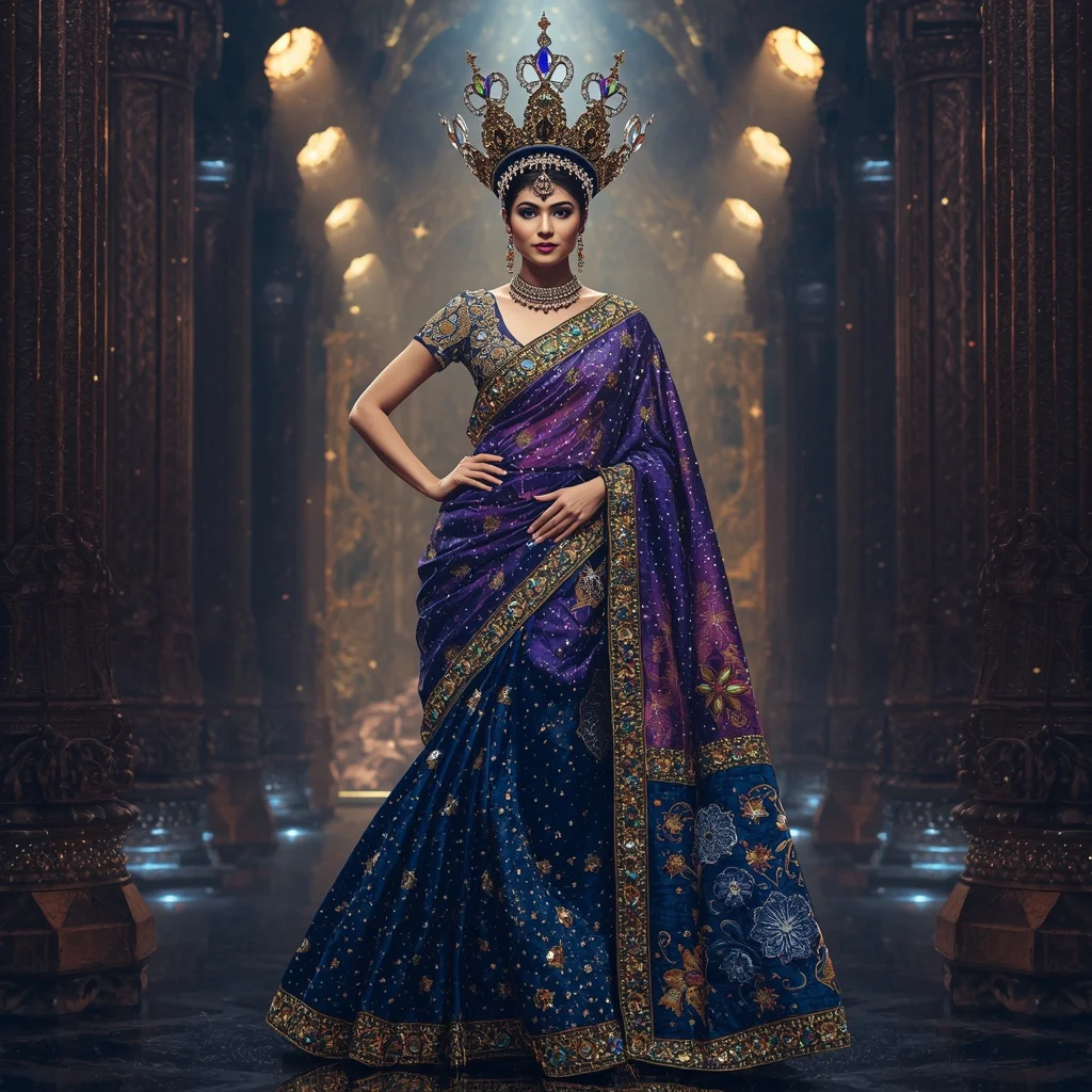 Giant Mirror Nebula Crown Saree with Festival Cosmic Citadel | Female Model Ai Prompt