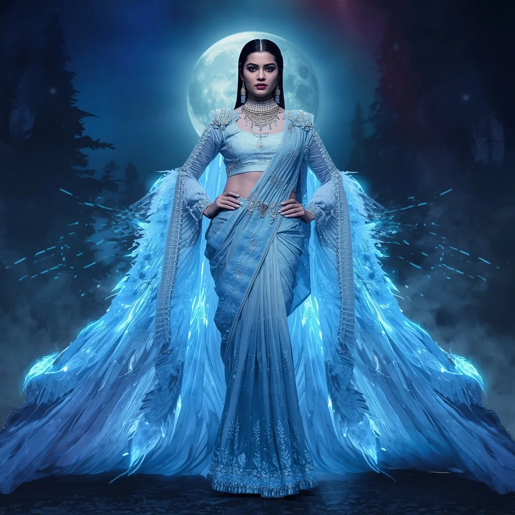 Giant Neon Crystal Wolf Saree With Cyber Moon Energy And Royal Night Predator Couture | New Ai Prompt Girl Aesthetic