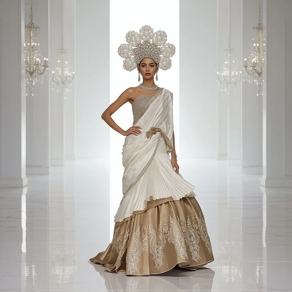 Giant Pearl Blossom Crown Saree with White Infinity Cathedral | Text To Image Prompt