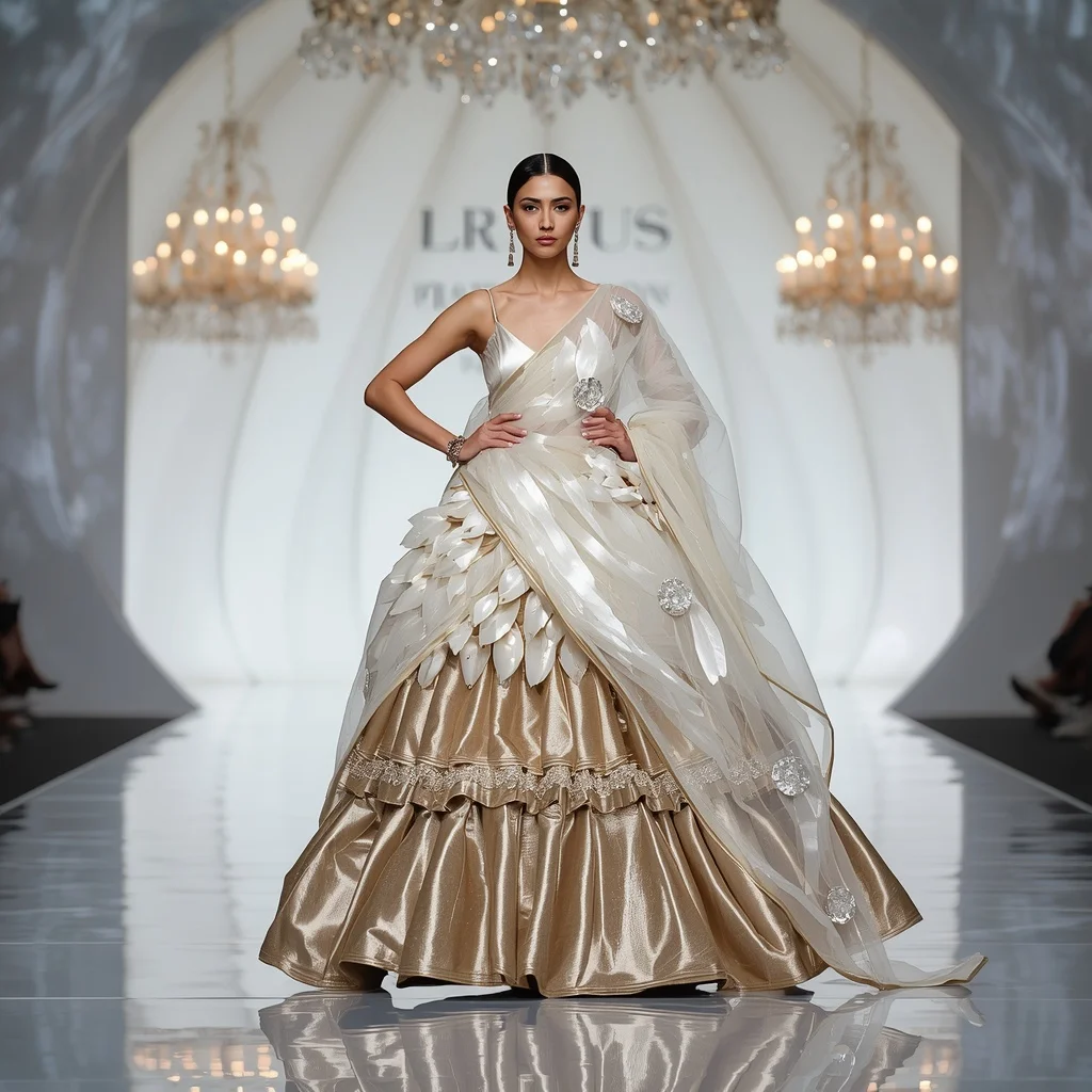 Giant Pearl Lotus Saree with White Infinity Dome | Creative Ai Prompt