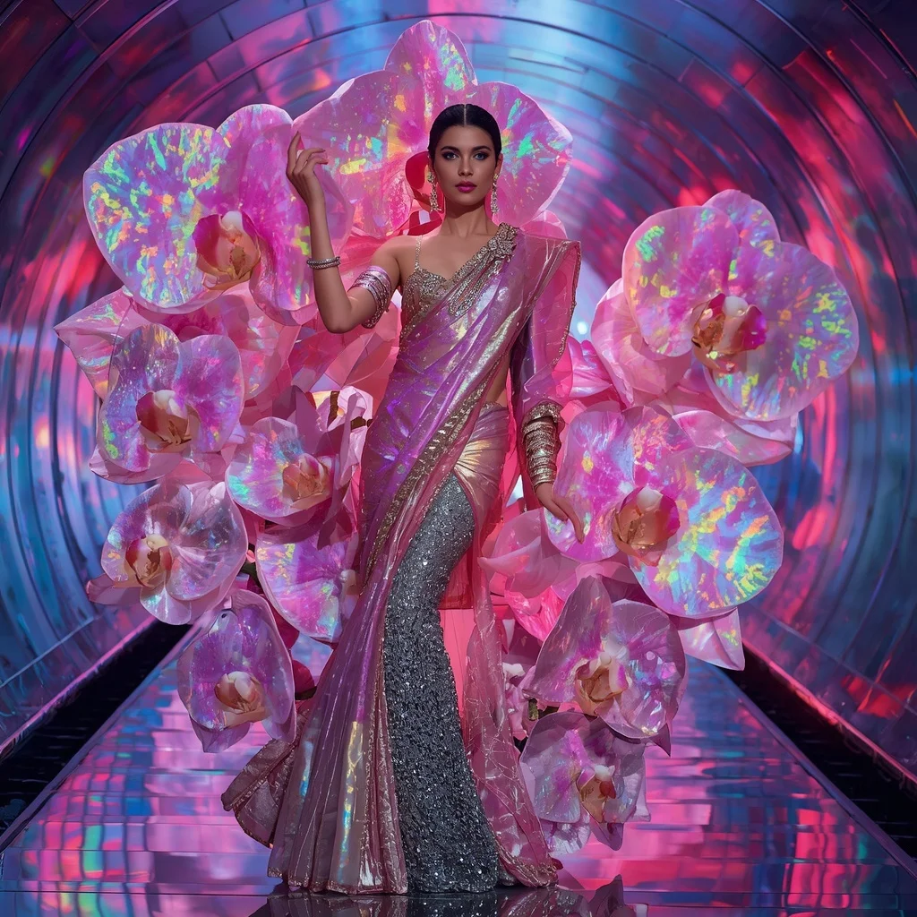 Giant Prism Orchid Saree with Aurora Reflection Tunnel | Creative Ai Art Prompt