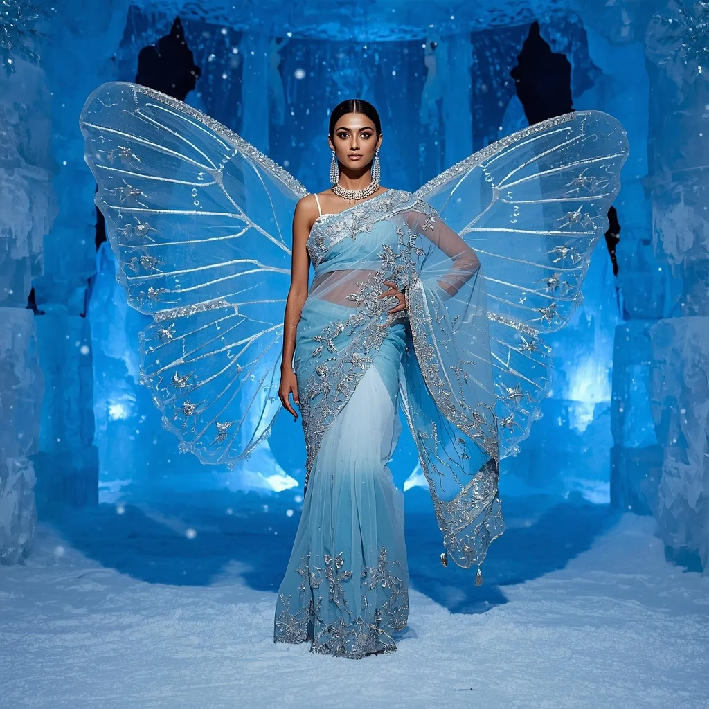 Glacial Ice Butterfly Saree with Winter Ice Palace Background | Ai Image Generator Prompt