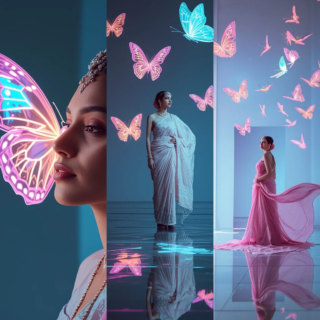 Glowing Holographic Cyber Butterfly Saree Triptych Collage | Saree Girl Dp Ai Prompt Ultra Hd