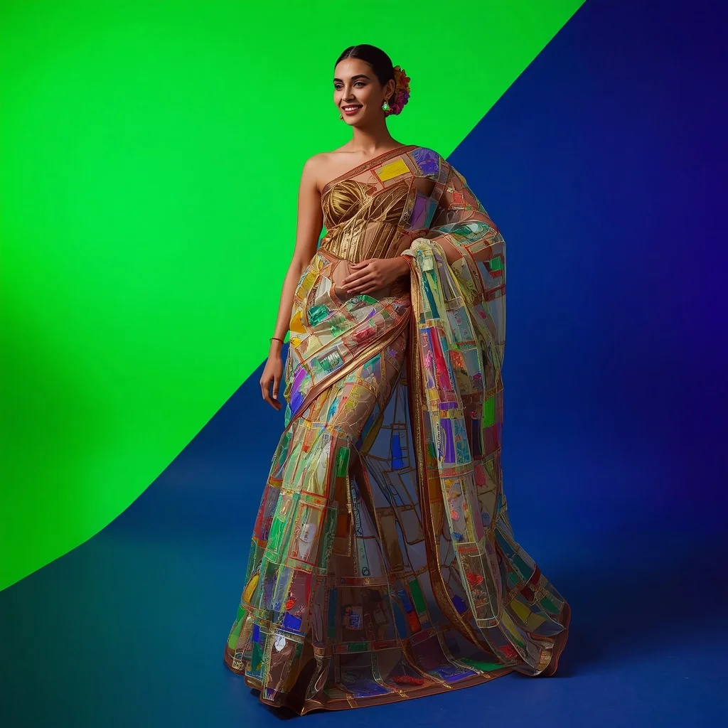 Glowing Stained-Glass Acrylic Heavy Designer Saree Concept | Prompt For Traditional Look For Couple