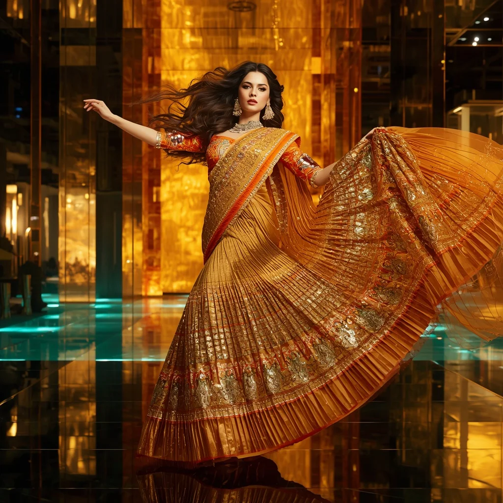 Golden Aurora Flame Saree with Floating Infinity Citadel | Prompt Seen Girl Photo Editing Chatgpt Aesthetic