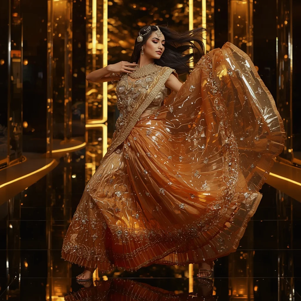 Golden Aurora Mirage Saree with Floating Infinity Arena | Fantasy Ai Prompt