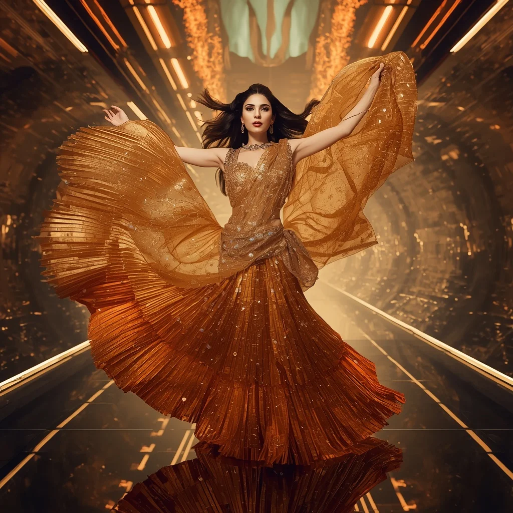 Golden Aurora Storm Saree with Floating Infinity Tunnel | Instagram Viral Photo Ai Prompt