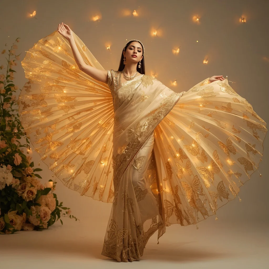Golden Butterfly Solflare Surge Saree – Glam Festival Saree with Twirl Lift Pose and Solflare Butterfly Garden Background | ChatGPT Photo Editing Prompts For Girl