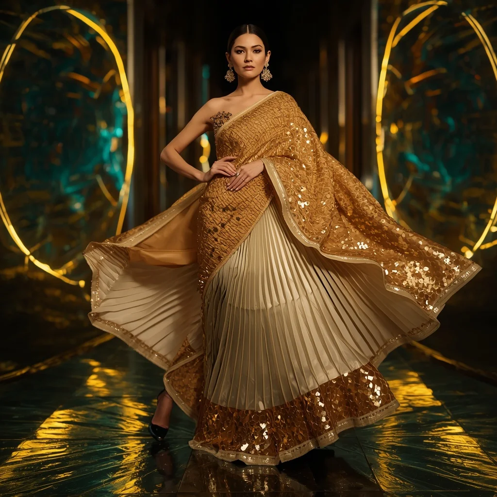 Golden Crystal Aurora Saree with Floating Orbital Neon Structures | Instagram Viral Photo Prompt