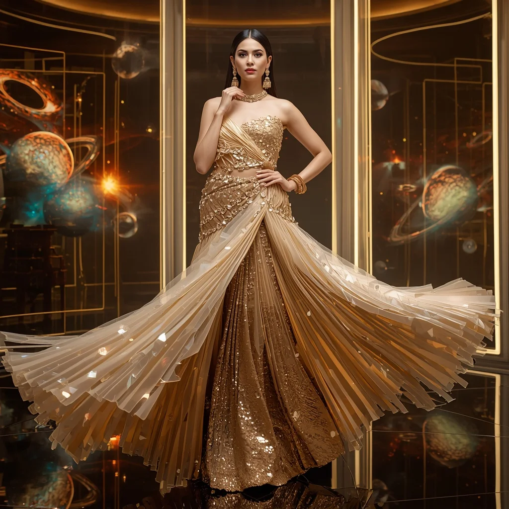 Golden Crystal Aurora Saree with Floating Orbital Neon Universes | Midjourney Prompt List