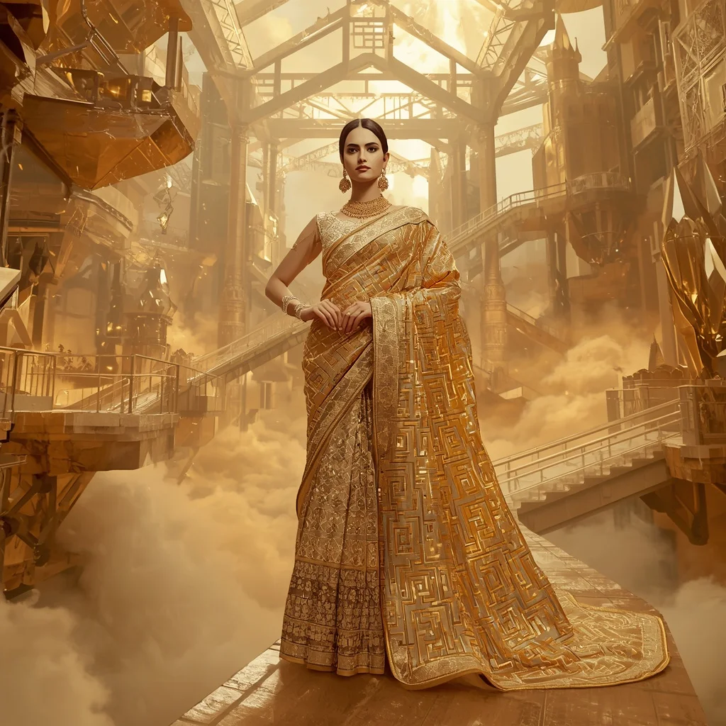 Golden Crystal Maze Saree with Floating Palace Labyrinth | Trending Prompt In Instagram Ai Photo Girls