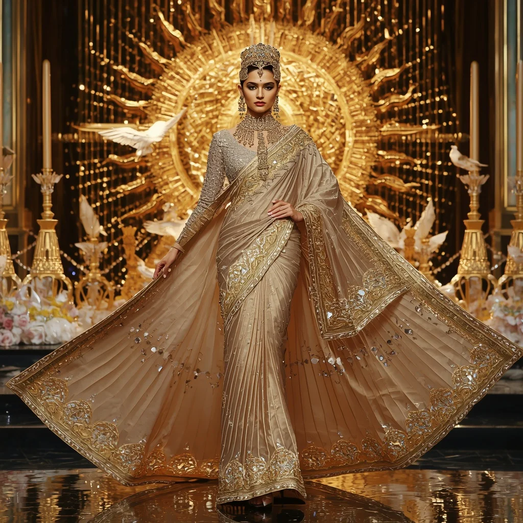 Golden Eagle Monarch Saree with Sky Crystal Thrones and Imperial Sun Citadel | Female Model Ai Prompt