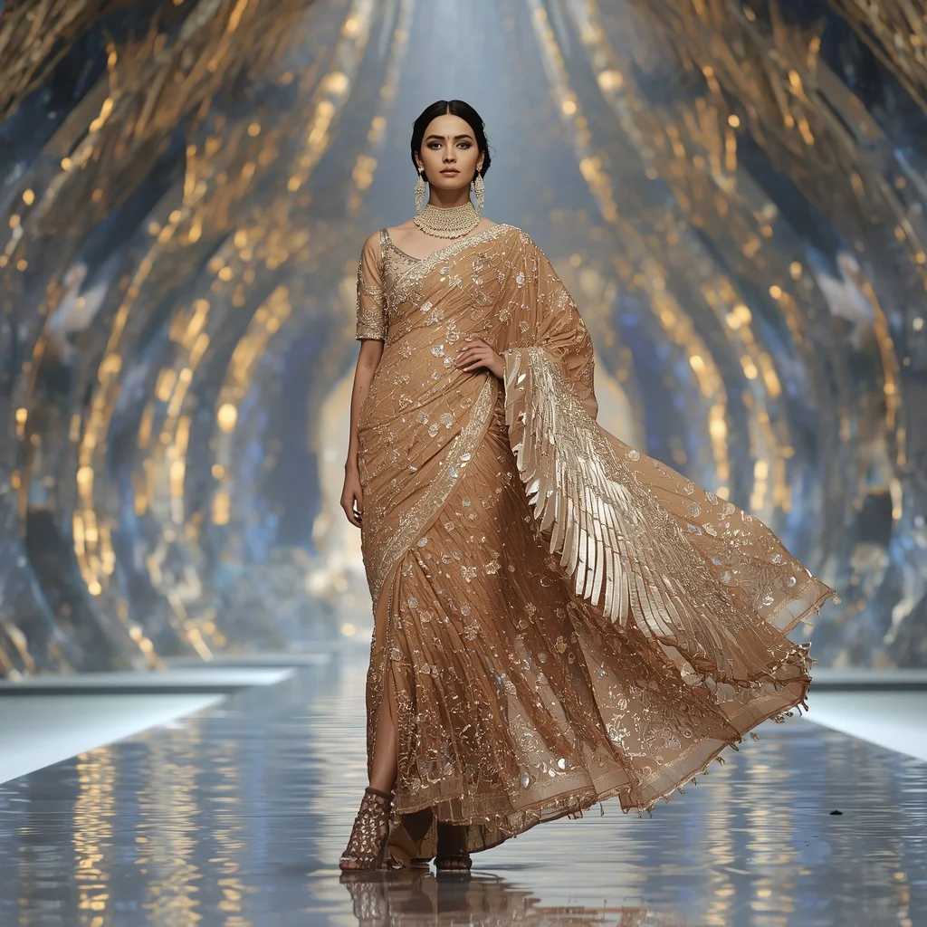 Golden Eagle Sovereign Saree with Sky Crystal Infinity Palace | Prompt Generator