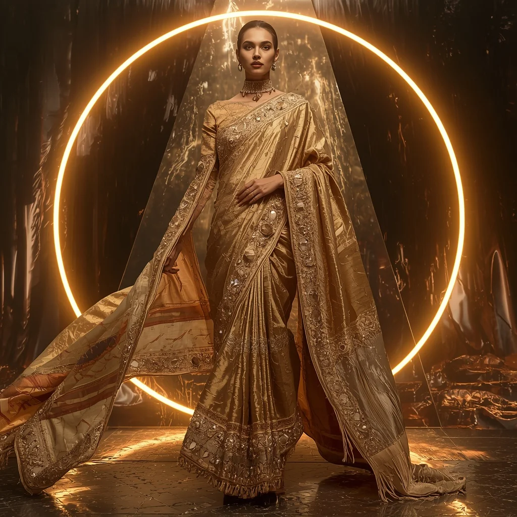 Golden Eclipse Empress Saree with Floating Halo Monolith | Character Design Ai Prompt