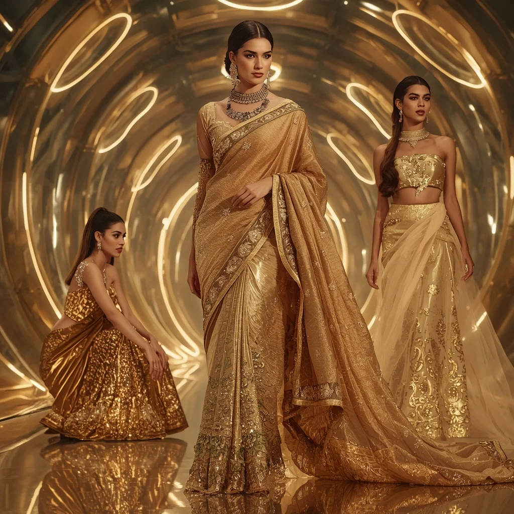Golden Eclipse Majesty Saree with Floating Halo Infinity Palace | Ai Gemini Prompt