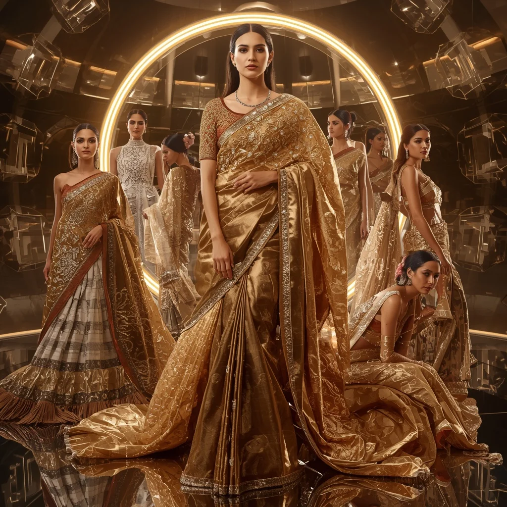 Golden Eclipse Royal Saree with Floating Halo Crystal Orbit Palace | Ai Image Generator Prompt