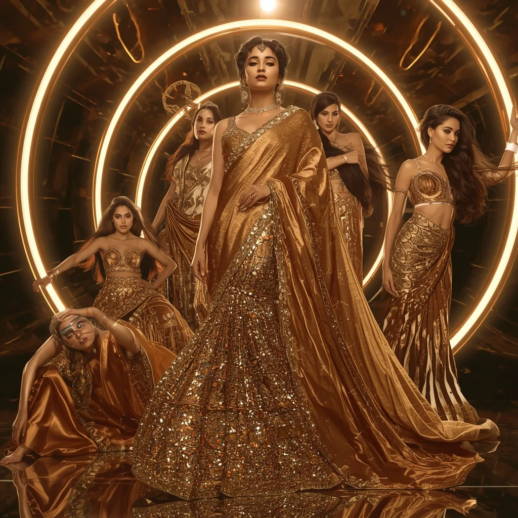 Golden Eclipse Royale Saree with Floating Halo Infinity Fortress | Youtube Thumbnail Ai Prompt